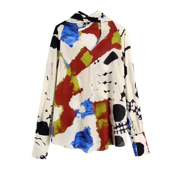 Women Loose Long Sleeve Shirt and Wrapping Print Pants - Picture 2 of 8